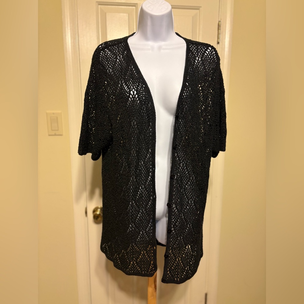 Black Crochet Button-Down V-Neck Swim Cover-up, L/XL